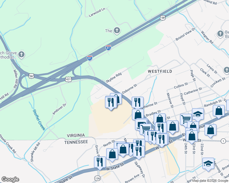 map of restaurants, bars, coffee shops, grocery stores, and more near 720 Gate City Highway in Bristol