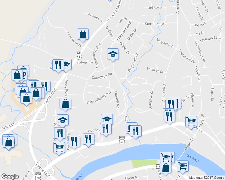 map of restaurants, bars, coffee shops, grocery stores, and more near 298 Summit Road in Danville