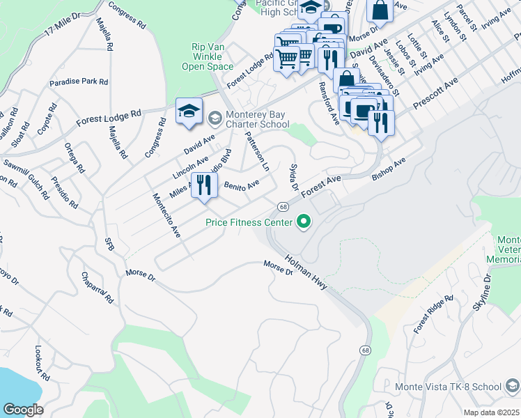 map of restaurants, bars, coffee shops, grocery stores, and more near 1230 Presidio Boulevard in Pacific Grove