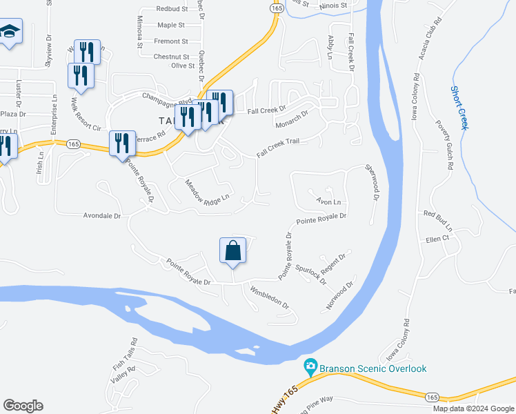map of restaurants, bars, coffee shops, grocery stores, and more near 12 Scenic Court in Branson