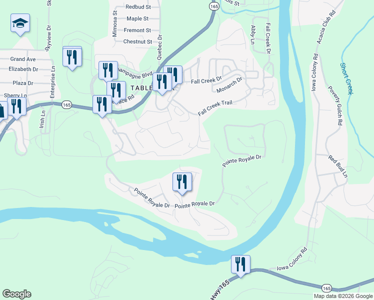map of restaurants, bars, coffee shops, grocery stores, and more near 32 Golfshores Drive in Branson