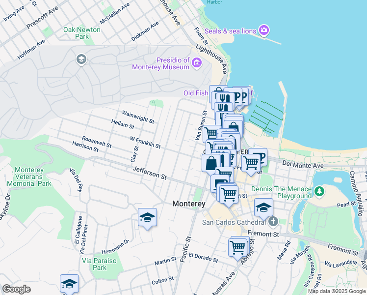 map of restaurants, bars, coffee shops, grocery stores, and more near 379 Larkin Street in Monterey