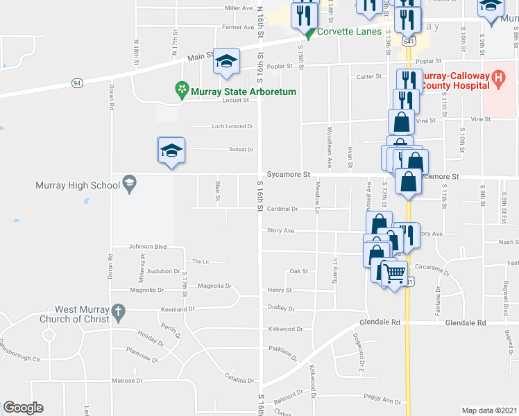 map of restaurants, bars, coffee shops, grocery stores, and more near 1600 Cardinal Drive in Murray