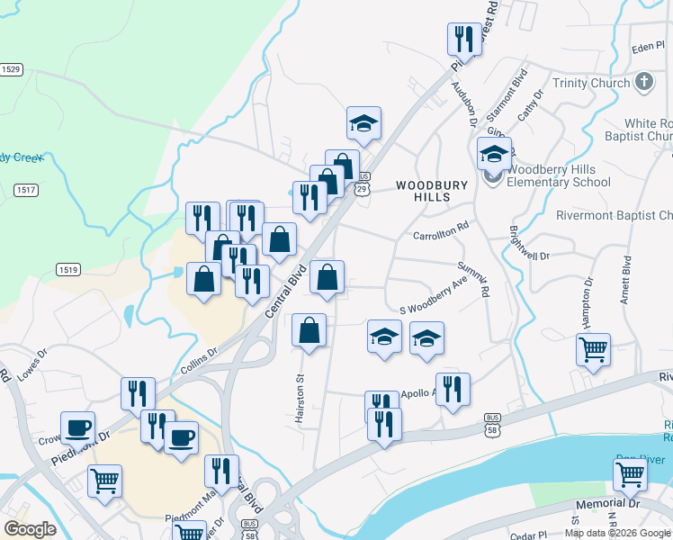 map of restaurants, bars, coffee shops, grocery stores, and more near 310 Piney Forest Road in Danville