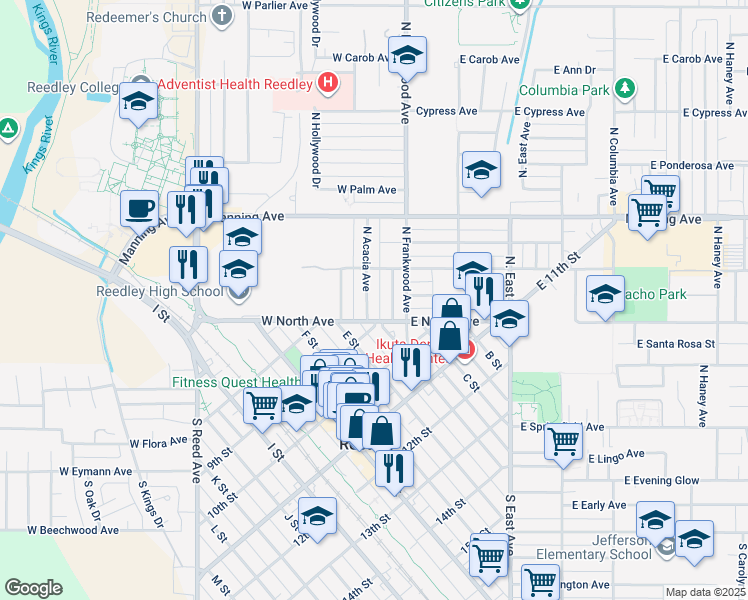 map of restaurants, bars, coffee shops, grocery stores, and more near 603 North Birch Avenue in Reedley