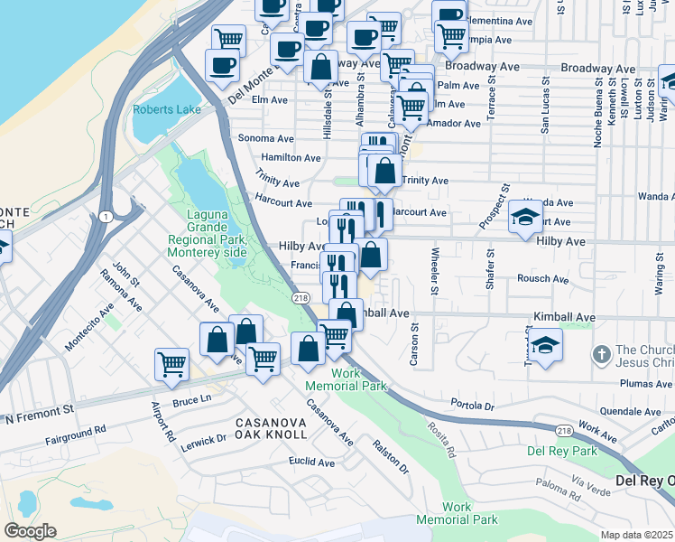 map of restaurants, bars, coffee shops, grocery stores, and more near 1173 Fremont Boulevard in Seaside