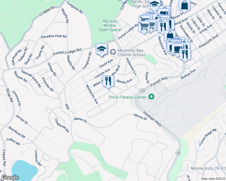 map of restaurants, bars, coffee shops, grocery stores, and more near 1201 Buena Vista Avenue in Pacific Grove