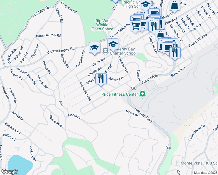 map of restaurants, bars, coffee shops, grocery stores, and more near 1208 Presidio Boulevard in Pacific Grove