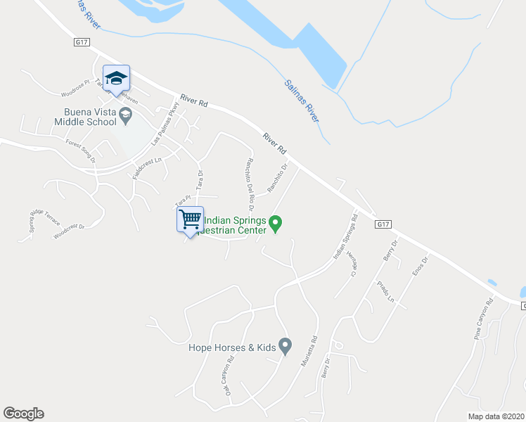 map of restaurants, bars, coffee shops, grocery stores, and more near 18725 Ranchito Del Rio Drive in Salinas