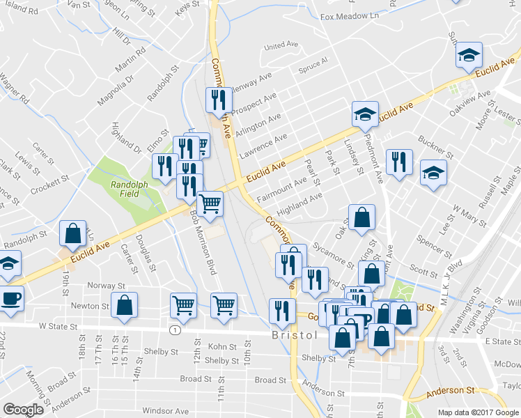 map of restaurants, bars, coffee shops, grocery stores, and more near 409 Commonwealth Avenue in Bristol