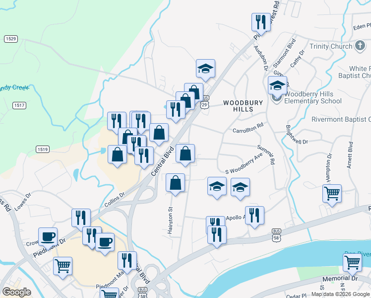 map of restaurants, bars, coffee shops, grocery stores, and more near 310 Piney Forest Road in Danville