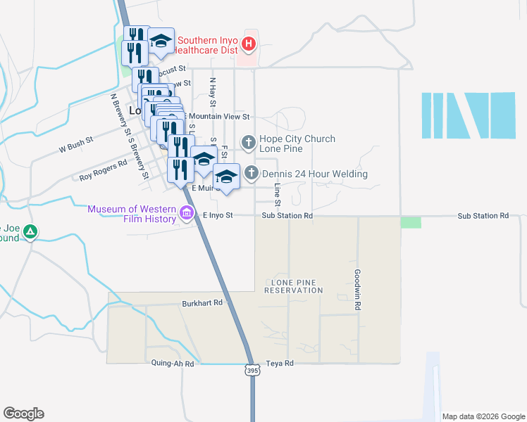 map of restaurants, bars, coffee shops, grocery stores, and more near 600-608 S Lake View St in Lone Pine