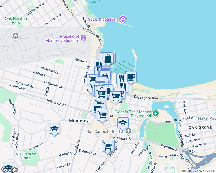 map of restaurants, bars, coffee shops, grocery stores, and more near 2 Portola Plaza in Monterey