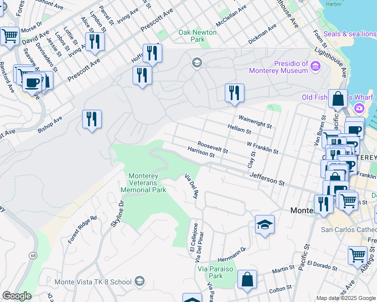 map of restaurants, bars, coffee shops, grocery stores, and more near 1129 Harrison Street in Monterey