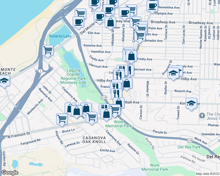 map of restaurants, bars, coffee shops, grocery stores, and more near 590 Francis Avenue in Seaside