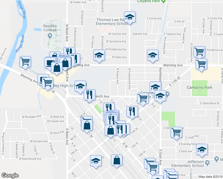 map of restaurants, bars, coffee shops, grocery stores, and more near 584 North Hollywood Drive in Reedley