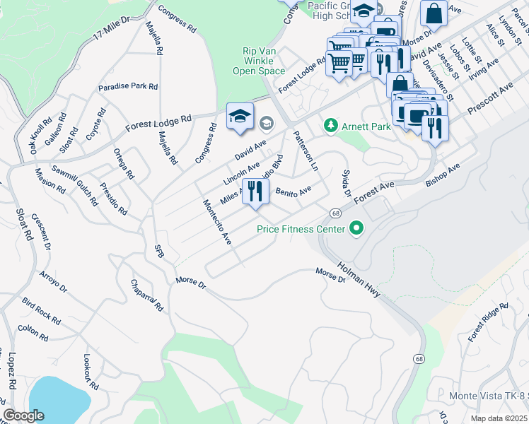 map of restaurants, bars, coffee shops, grocery stores, and more near 1201 Buena Vista Avenue in Pacific Grove