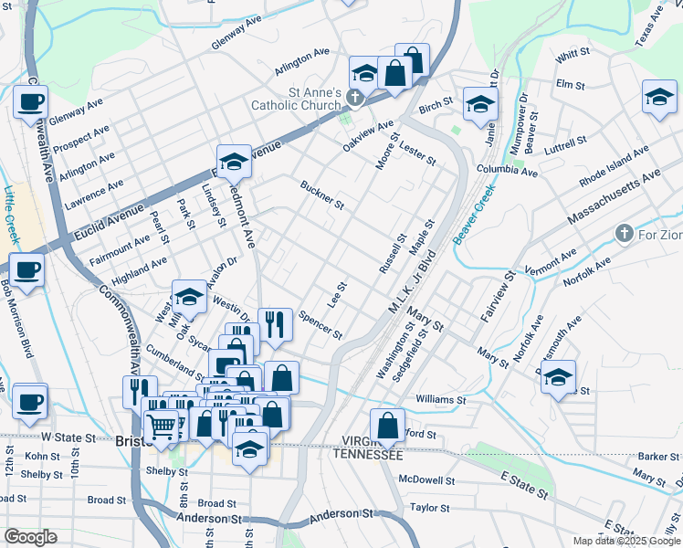 map of restaurants, bars, coffee shops, grocery stores, and more near 522 Lee Street in Bristol