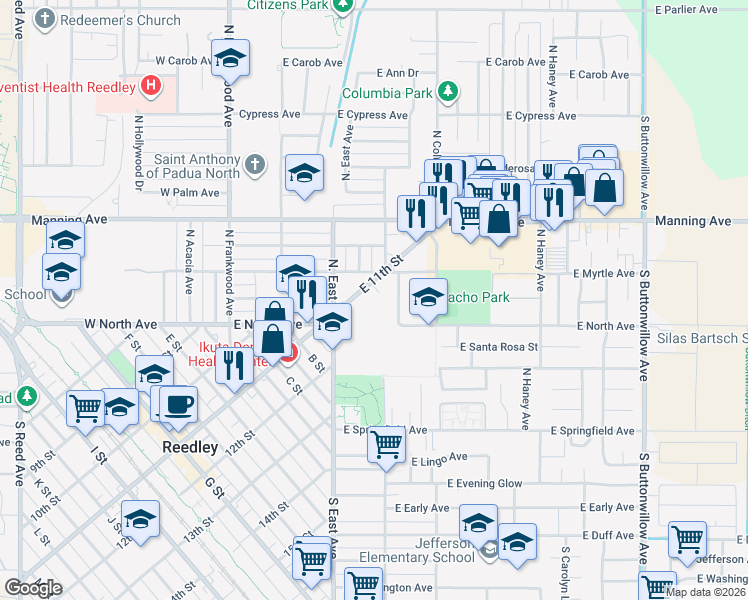 map of restaurants, bars, coffee shops, grocery stores, and more near 589 North Steven Avenue in Reedley