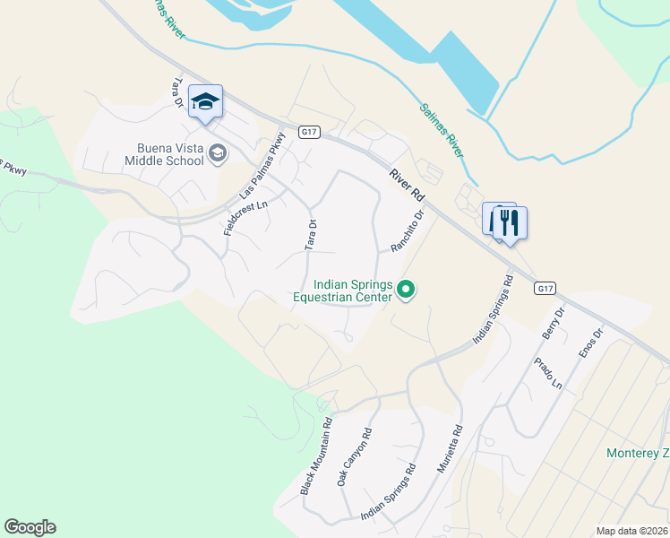 map of restaurants, bars, coffee shops, grocery stores, and more near 22225 Tara Court in Salinas