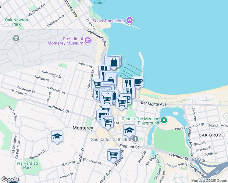 map of restaurants, bars, coffee shops, grocery stores, and more near 200-298 Tyler Street in Monterey