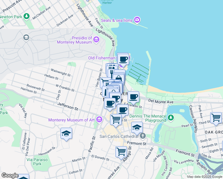 map of restaurants, bars, coffee shops, grocery stores, and more near 2 Portola Plaza in Monterey
