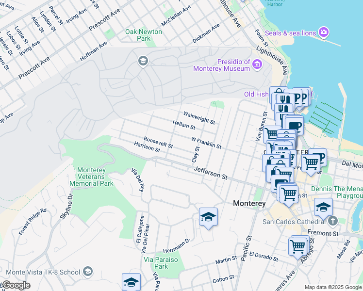 map of restaurants, bars, coffee shops, grocery stores, and more near 953 West Franklin Street in Monterey