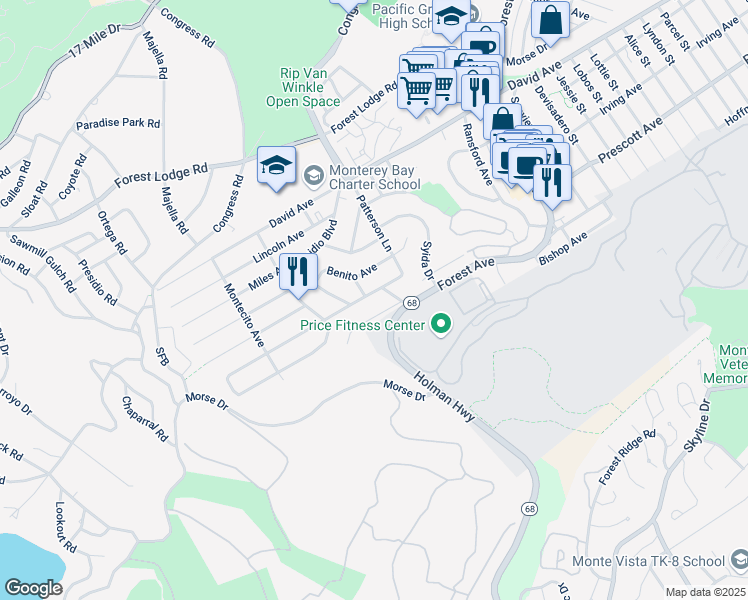 map of restaurants, bars, coffee shops, grocery stores, and more near 1230 Presidio Boulevard in Pacific Grove