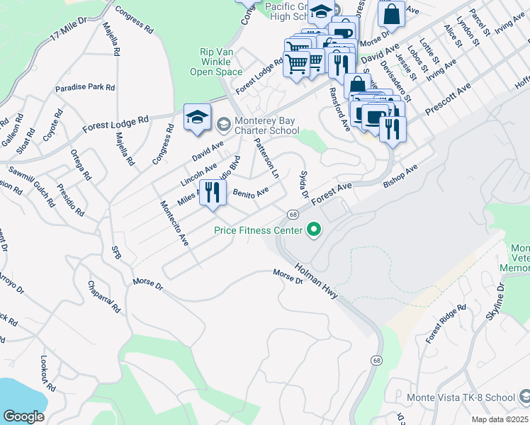 map of restaurants, bars, coffee shops, grocery stores, and more near 1230 Presidio Boulevard in Pacific Grove
