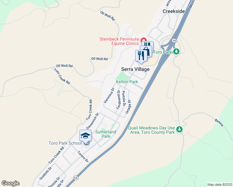 map of restaurants, bars, coffee shops, grocery stores, and more near 22486 Ferdinand Drive in Salinas