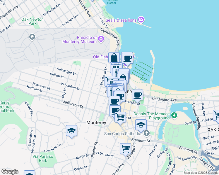 map of restaurants, bars, coffee shops, grocery stores, and more near 336 Pacific Street in Monterey