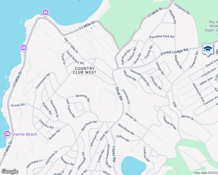 map of restaurants, bars, coffee shops, grocery stores, and more near 1070 Wranglers Trail Road in Del Monte Forest