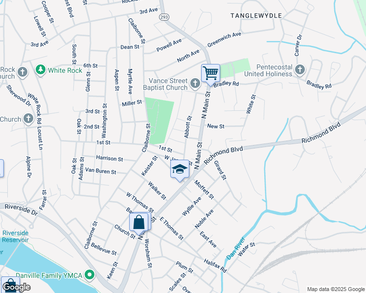 map of restaurants, bars, coffee shops, grocery stores, and more near 1215 Abbott Street in Danville