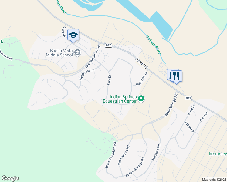 map of restaurants, bars, coffee shops, grocery stores, and more near 22225 Tara Court in Salinas