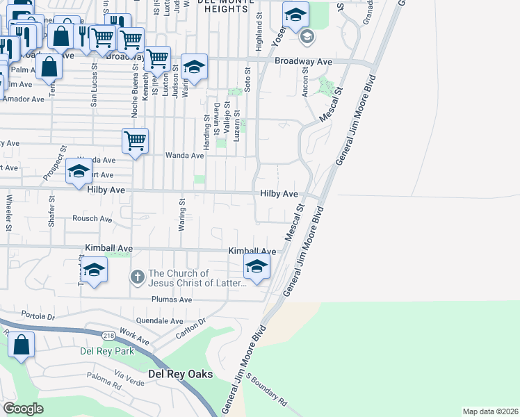 map of restaurants, bars, coffee shops, grocery stores, and more near 1180 Yosemite Street in Seaside