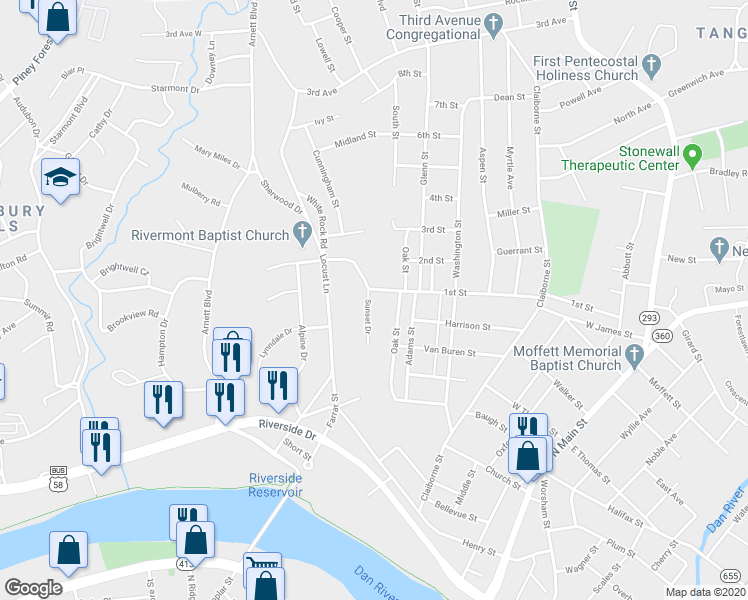 map of restaurants, bars, coffee shops, grocery stores, and more near 175 Sunset Drive in Danville