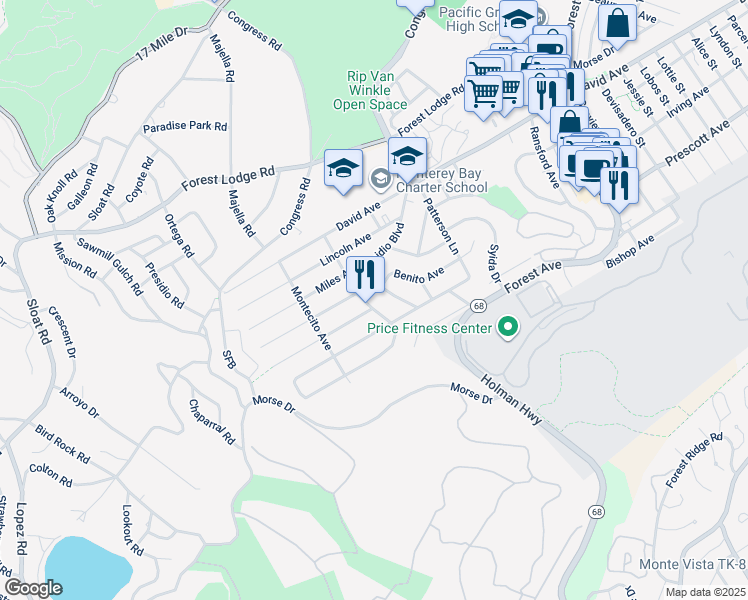 map of restaurants, bars, coffee shops, grocery stores, and more near 1143 Buena Vista Avenue in Pacific Grove