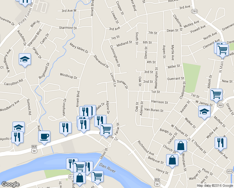 map of restaurants, bars, coffee shops, grocery stores, and more near 224 Locust Lane in Danville