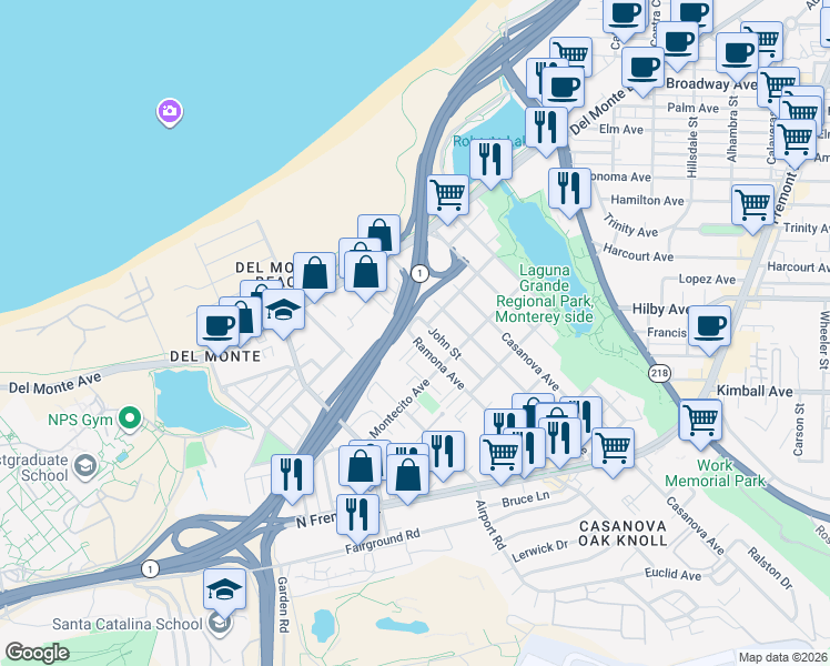 map of restaurants, bars, coffee shops, grocery stores, and more near 333 Ramona Avenue in Monterey
