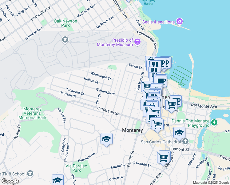 map of restaurants, bars, coffee shops, grocery stores, and more near 766 West Franklin Street in Monterey