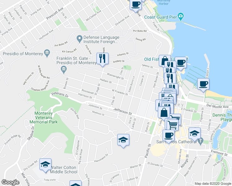 map of restaurants, bars, coffee shops, grocery stores, and more near 899 West Franklin Street in Monterey