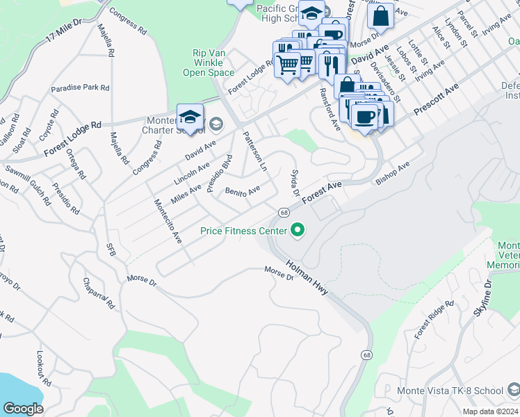 map of restaurants, bars, coffee shops, grocery stores, and more near 1230 Presidio Boulevard in Pacific Grove