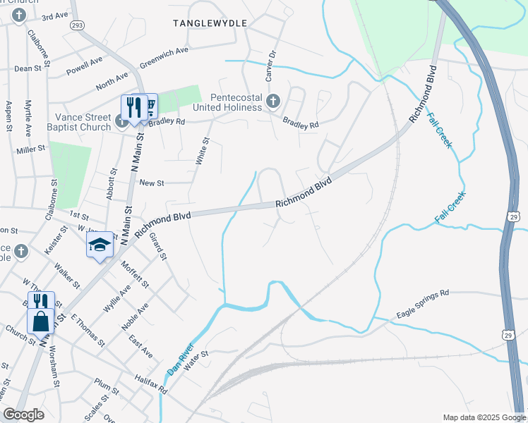 map of restaurants, bars, coffee shops, grocery stores, and more near Richmond Boulevard in Danville