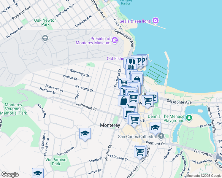 map of restaurants, bars, coffee shops, grocery stores, and more near 342 Van Buren Street in Monterey