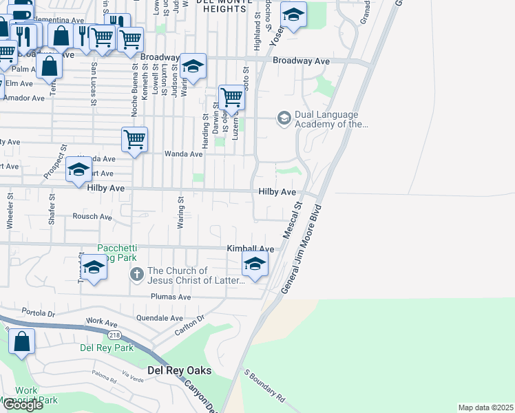 map of restaurants, bars, coffee shops, grocery stores, and more near 1180 Yosemite Street in Seaside