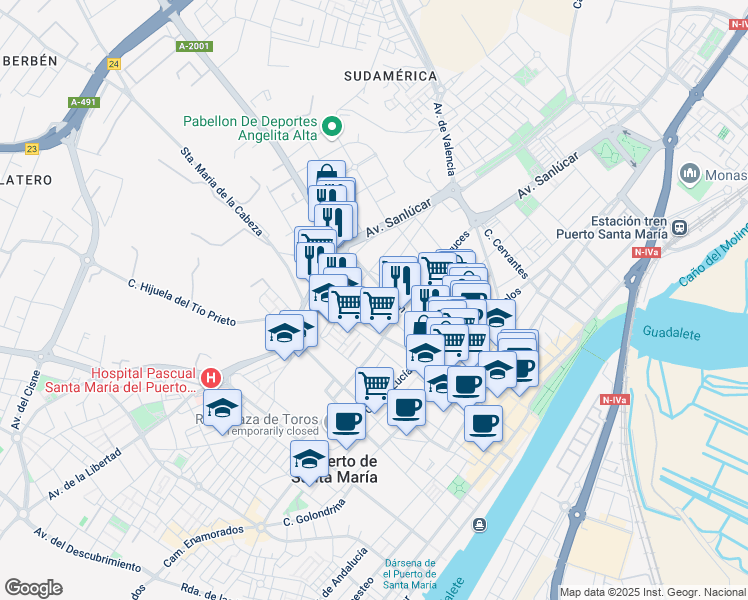 map of restaurants, bars, coffee shops, grocery stores, and more near 24 Calle Postigo in El Puerto de Santa María