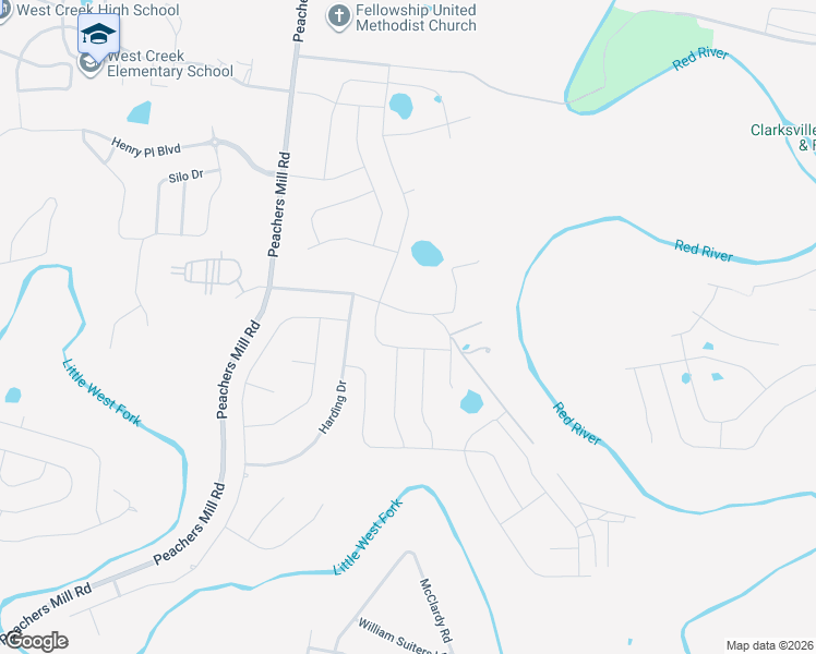 map of restaurants, bars, coffee shops, grocery stores, and more near 2314 Allen-Griffey Road in Clarksville