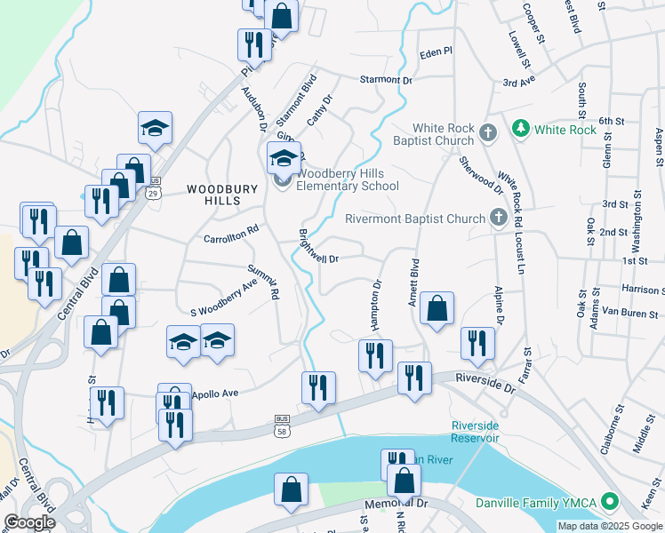 map of restaurants, bars, coffee shops, grocery stores, and more near 233 Brightwell Drive in Danville