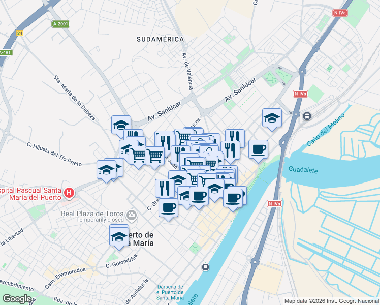 map of restaurants, bars, coffee shops, grocery stores, and more near 51 Calle Zarza in El Puerto de Santa María