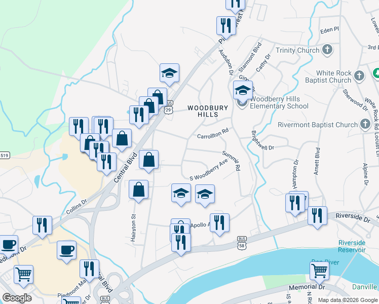 map of restaurants, bars, coffee shops, grocery stores, and more near 100 Summit Road in Danville